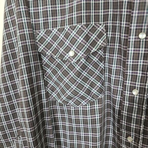 Vtg Karman Plaid Western Long Sleeve Shirt Pearl Snap Extra Long Tails Yoke L - Picture 4 of 12